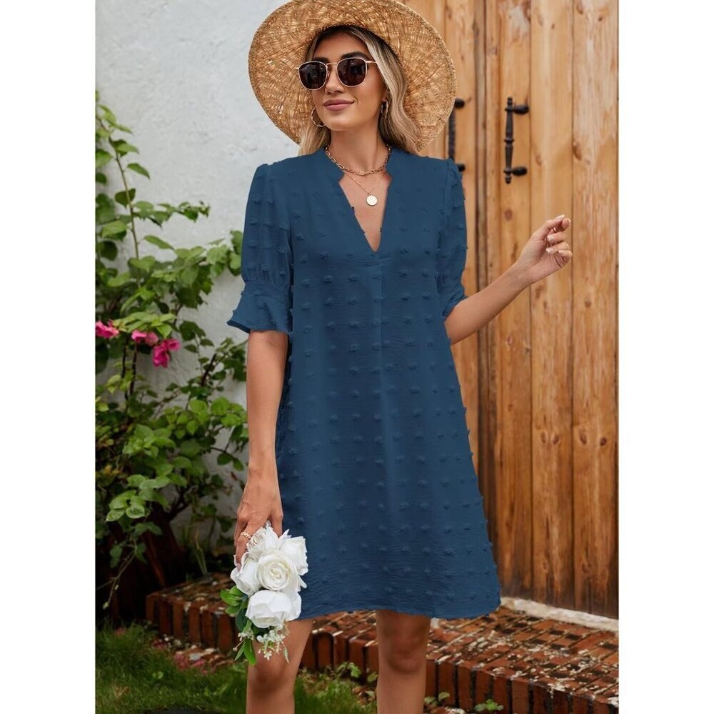 Womens Mblue 100%Polyester V-Neck Loose Fit Short Sleeve Knee Length Shift Dress - Picture 4 of 6